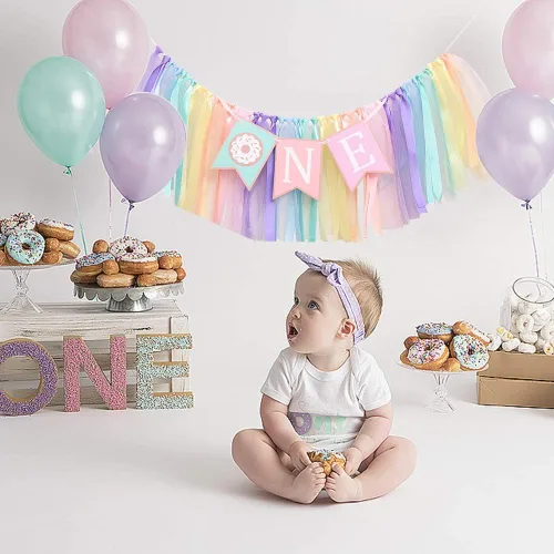 Vista 4 de Cartel de cumpleaños de 1 a 2 años de edad – Cartel para silla alta de cumpleaños con tema de dona, un grupo de tutú de cinta de arco iris suave