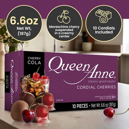 Vista 3 de Queen Anne Cerezas cordiales cubiertas de chocolate Cherry Cola 6.6 onzas Caja de regalo de 10 piezas Centro líquido relleno cremoso de cereza