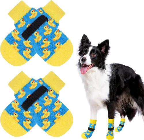 Vista 45 de SCENEREAL Calcetines antideslizantes para perros para evitar lamer patas para suelos de madera dura, zapatos de perro de doble cara botas