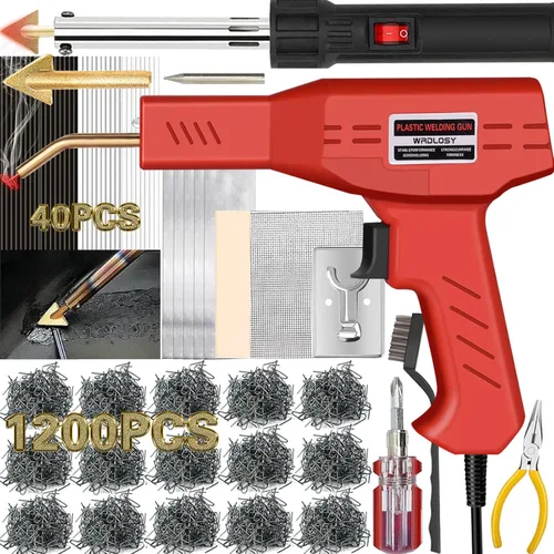 Soldador de Plástico 220W, Kit de Soldadura de Plástico con 1200 Grapas y 40 Varillas, Kit de Soldadura de Plástico con 5 en 1 Puntas de Soldadura,