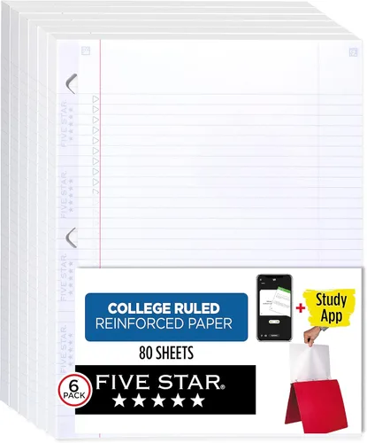 Vista 3 de Five Star Papel de hojas sueltas + aplicación de estudio, papel para cuaderno, papel de relleno con rayas universitarias, reforzado, 8.5 x 11, 100