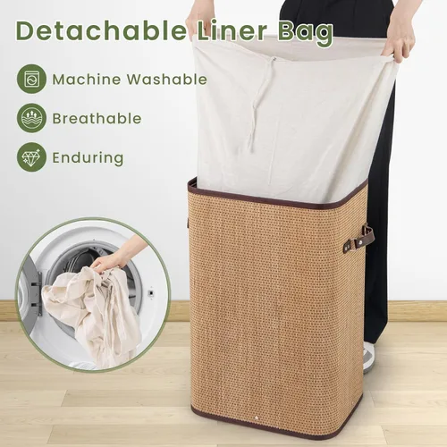 Vista 3 de Byroce - Cesta de lavandería de bambú, cesta plegable para la ropa sucia con tapa, forro extraíble y asas, contenedor de almacenamiento para ropa