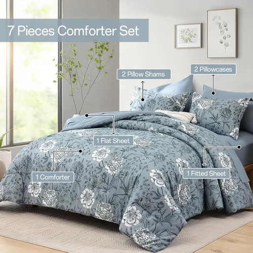 Vista 110 de Yiran - Juego de 7 piezas de edredón floral azul, juego de cama en una bolsa, tamaño Queen, juego de edredón de microfibra suave