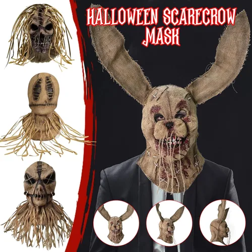 Vista 5 de Máscara de conejo de espantapájaros, máscara de saco de arpillera de conejo aterrador, máscara de payaso diablo de Halloween, casco de látex