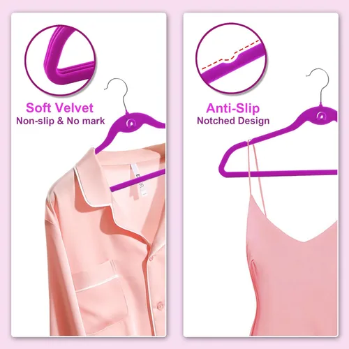 Vista 2 de Paquete de 50 perchas de terciopelo multicolor con ganchos en cascada, ganchos antideslizantes de terciopelo negro, rosa, blanco, gris y morado