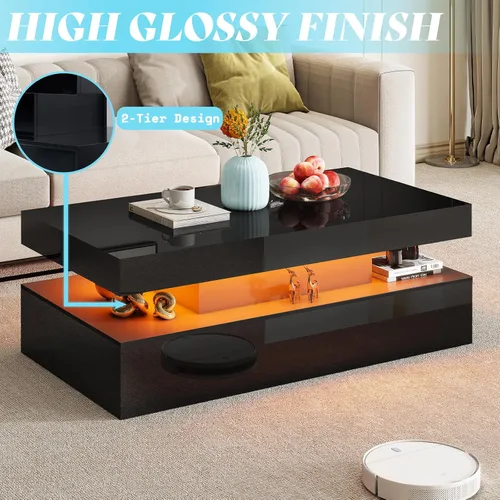 Vista 7 de AMERLIFE Juego de mesa de sala de estar de 3 piezas de alto brillo, modernos juegos de mesa de centro LED de 3, mesa central de 2 niveles con 2 Negro