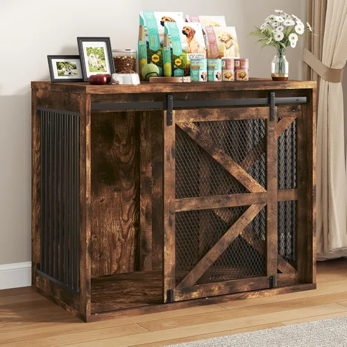 Vista 11 de Mueble de jaula para perros de granja de 43 pulgadas, muebles de madera para perreras con puerta corrediza de malla metálica de granero, muebles