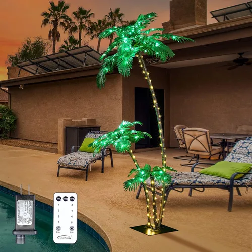 Vista 10 de Palmera artificial iluminada de 5 pies, 208 luces LED, decoración con cocos iluminados para exteriores, árbol falso con USB y adaptador
