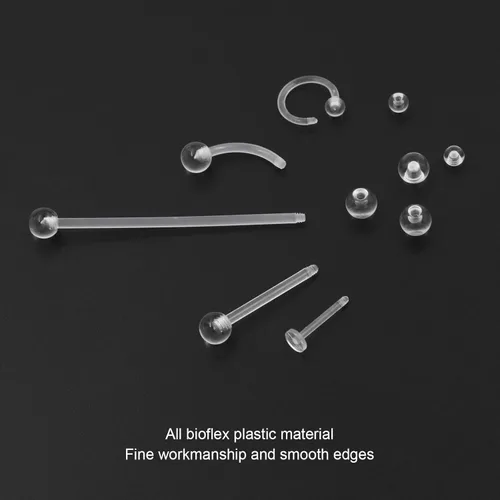 Vista 5 de 36 piezas de retenedores de piercing transparentes de plástico Bioflex para pezón, lengua, nariz, tabique, ceja, ombligo, aretes, tragus, hélice