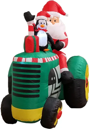 Vista 6 de Decoración inflable para jardín de Papá Noel en tractor con pingüino, 5.3 pies de altura