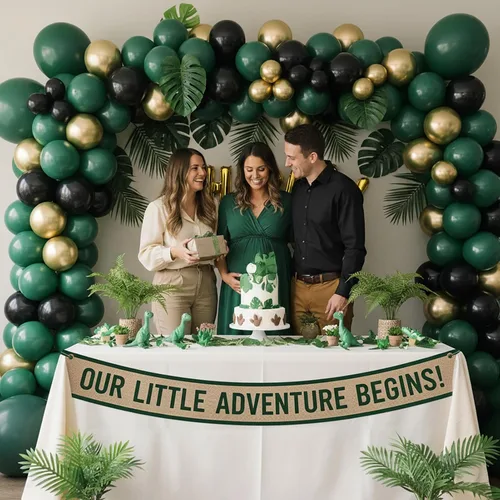 Vista 4 de Kit de arco de guirnalda de globos verde esmeralda y dorado negro de lujo, doble relleno, verde azulado oscuro con hojas de palmera para verano luau