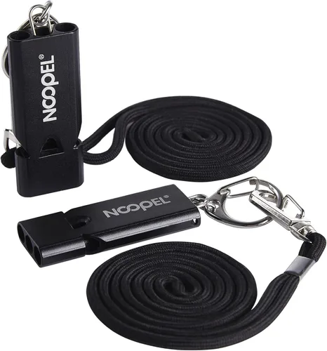 Whistle Emergency Noopel - Silbatos de supervivencia de tres tubos, paquete de 2 con cordón y llavero para senderismo, camping, kayak, deportes,