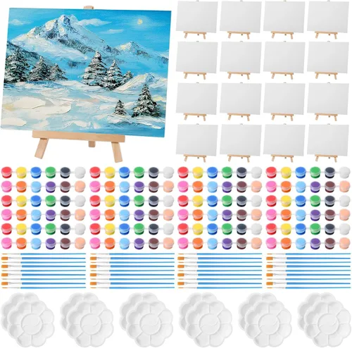Qilery Juego de 24 mini tableros de lienzo y caballete de 6 x 8 pulgadas para pintar, tiras de pintura acrílica, paletas, pinceles, lienzos, kits de