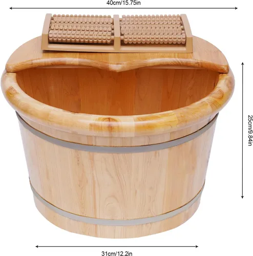 Vista 2 de Tina de pie de madera con masajeador y tapa, juego de lavabo de madera maciza hecho a mano para remojar los pies, cuidado del spa