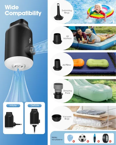 Vista 7 de Mini bomba de aire portátil para inflables, compacta, recargable, rápida inflación y desinflación con 5 boquillas, luz LED, apagado automático