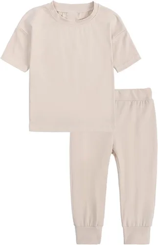 TBUIALL Ropa para niñas pequeñas, traje de algodón suave y cálido, cuello redondo, manga corta, cuello redondo, color sólido, 5