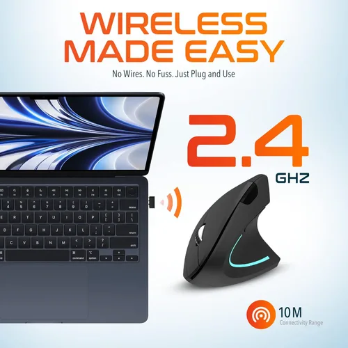 Vista 4 de Delton Ratón inalámbrico vertical ergonómico, dongle USB de 2.4 GHz, 6 botones, 3 niveles de DPI ajustables (800/1200/2400), funciona con pilas AA