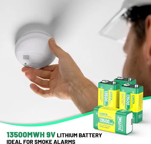 Vista 5 de Paquete de 4 baterías de 9 V para detector de humo, baterías recargables USB de 9 V – 13500 mWh de larga duración de iones de litio de 9 voltios