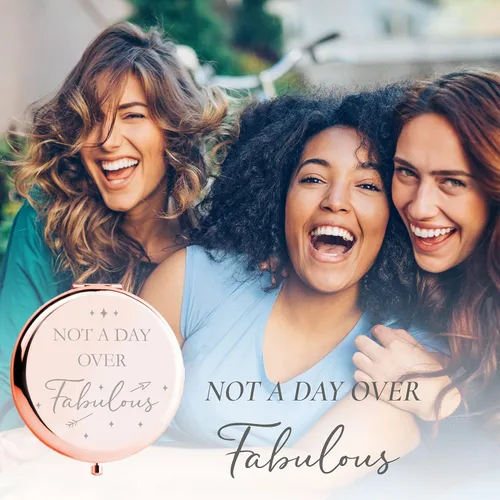 Vista 3 de CV CHARVORIA Regalos de cumpleaños para mujer, espejo compacto de oro rosa con texto en inglés "Not a Day Over Fabulous", ideas de regalo