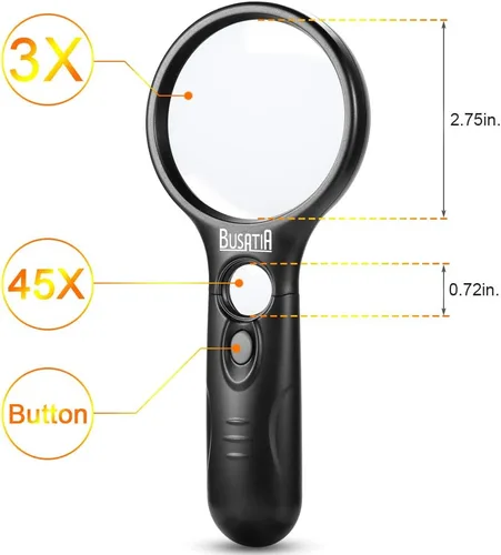 Vista 2 de Lupa con luz, lupa iluminada LED BUSATIA con aumento 3X 45X, lupa de mano ligera para leer, inspección, joyas, pasatiempos y manualidades