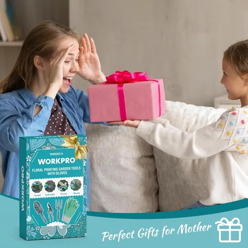 Vista 8 de WORKPRO Juego de herramientas de jardín de aluminio, 4 piezas de herramientas de jardín de mano resistentes con caja que incluye paleta, rastrillo