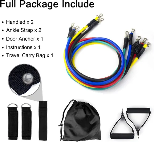 Vista 2 de Juego de bandas de resistencia, bandas de ejercicio con asas y anclaje de puerta, correas de tobillo para terapia física, entrenamiento