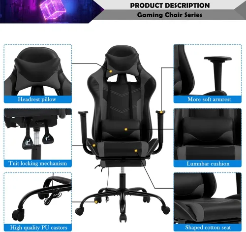 Vista 3 de Silla para juegos, silla giratoria de altura ajustable con reposacabezas y soporte lumbar de masaje, silla ergonómica de policarbonato