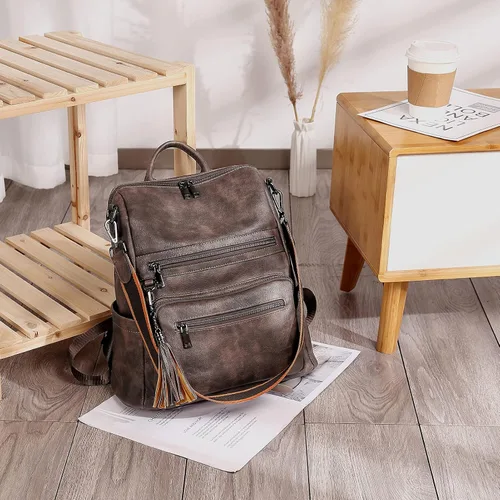 Vista 2 de Telena - Mochila para mujer, de cuero vegano, grande, con borla, para viajes o para la universidad