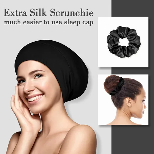Vista 49 de LULUSILK Gorro de seda de morera para mujeres durmientes, gorro de dormir de seda real para cabello rizado y trenzas, envoltura de seda pura