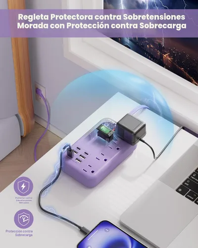 Vista 8 de Tira de alimentación de viaje morada, 6 USB (2 USB C), cable de extensión lavanda de 5 pies con estación de carga USB de 24 W y 4 tomacorrientes