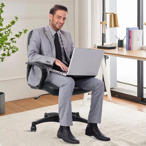 Vista 2 de CLATINA Silla de oficina – Sillas de escritorio de cuero con ruedas de respaldo medio, taburete ergonómico giratorio ejecutivo con soporte lumbar