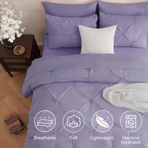 Vista 3 de DOWNCOOL Juego de edredón de 7 piezas color púrpura lavanda tamaño completo, cama en una bolsa con pintuck, juego de cama tamaño completo