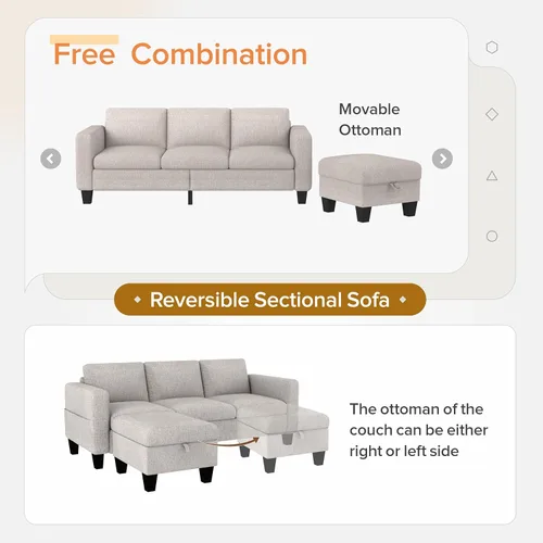 Vista 8 de ZeeFu Sofá modular convertible, sofá modular de 3 plazas en forma de L con otomana móvil, moderno terciopelo marrón moca, tapizado de lino, pequeño