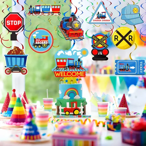 Vista 6 de 51 piezas de decoración de tren de cumpleaños, remolinos colgantes de transporte, decoración de techo de tren de vapor, para señal de tráfico