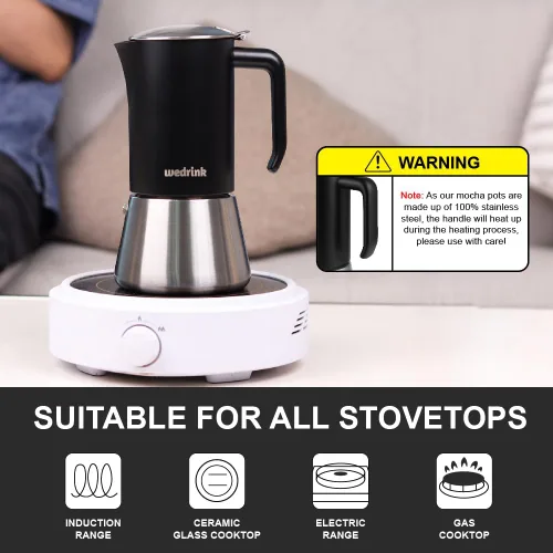 Vista 2 de wedrink Olla de acero inoxidable 304 de alta calidad, cafetera espresso para estufa de 4 tazas, compatible con inducción y todas las estufas