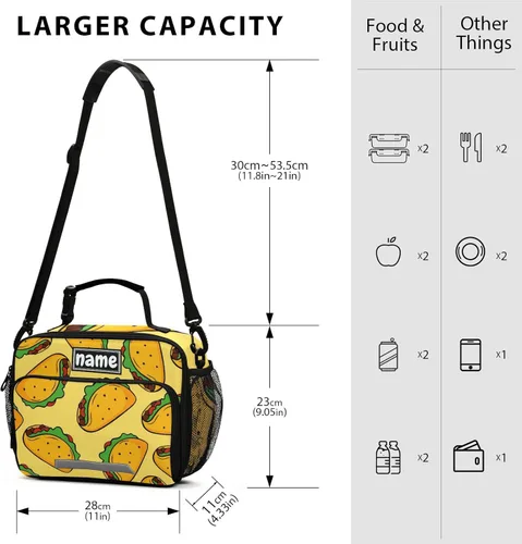 Vista 2 de Bolsa de almuerzo de comida rápida con patrón de tacos personalizada, con tu nombre, lonchera aislada para la escuela, picnic, viajes