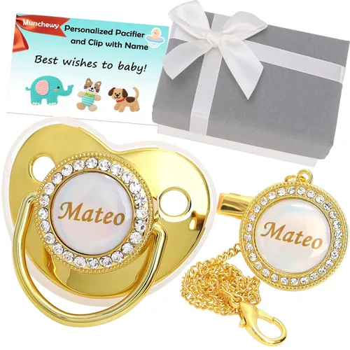 Chupete personalizado con nombre, juego de clip para chupete dorado brillante con caja de regalo, tarjeta de felicitación, lujoso chupete de cristal