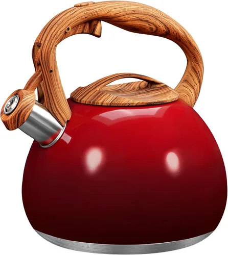 Vista 17 de GGC Tetera para estufa, 3.1QT/3L Hervidor de té silbante para hervir agua, café o leche, tetera púrpura con mango de compañero de madera, tetera