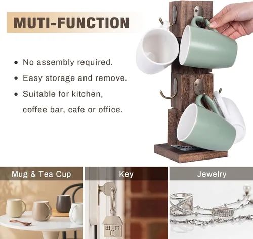 Vista 4 de Soporte giratorio para taza de café con giro de 360 grados, soporte rústico de madera maciza con 8 ganchos, soporte para taza de café de granja