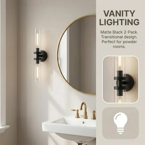 Vista 8 de Juego de 2 apliques de pared, lámparas de baño cableadas, iluminación de pared moderna para tocador de baño con pantalla de vidrio transparente
