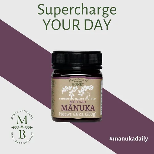 Vista 5 de Mason Brothers' Raw Manuka Honey MGO 829+ 8.8 onzas de miel de Nueva Zelanda, certificado MGO