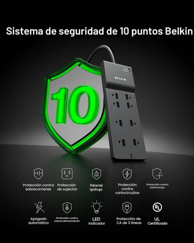 Vista 5 de Belkin - Protector de sobretensiones de 8 salidas con 8 tomas de corriente alterna y enchufe plano de 8 pies, cable de extensión resistente de alta