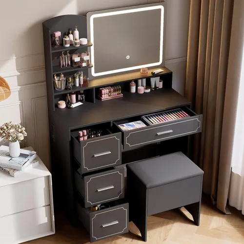 Vista 7 de Mesa de tocador con espejo LED y toma de corriente, 5 estantes abiertos, 4 cajones, incluye taburete acolchado, tocador de maquillaje ideal