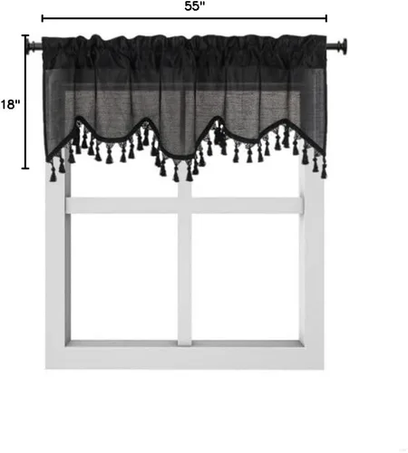 Vista 3 de Cenefa de cortina de ventana de cascada de seda sintética sólida con flecos de 55 x 18 pulgadas, ondulado (1, negro)