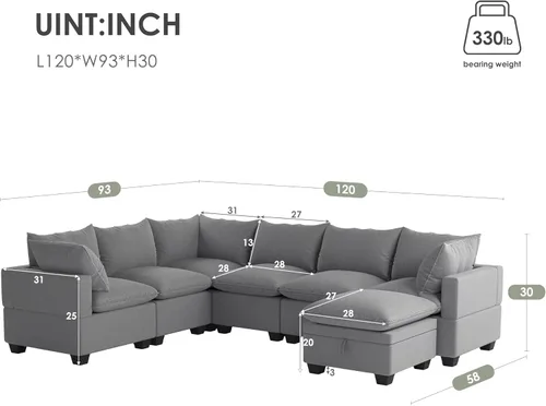 Vista 108 de Sofá modular de felpilla con tapicería en forma de L, sofá modular de 4 asientos con otomana extraíble y 5 almohadas para sala de estar, apartamento