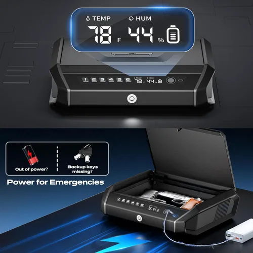 Vista 5 de Caja de seguridad para armas con pantalla LCD, acceso rápido ≤0.1s para pistolas de 2-4, caja de seguridad para armas de mano con huella digital