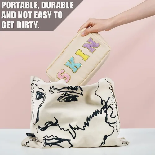 Vista 5 de Bolsa de maquillaje Preppy Patch, bolsa de maquillaje de nailon con cremallera, letras universitarias de chenilla, organizador de viaje, bolsa