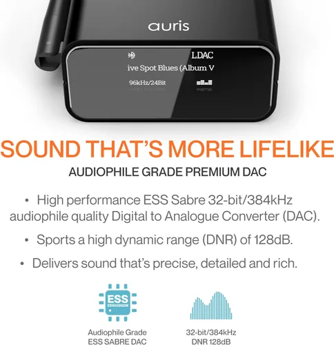 Vista 4 de Auris Blume Pro HiFi Receptor de música Bluetooth 5.3 con adaptador Bluetooth de largo alcance, DAC de audiófilo, LDAC, aptX HD, pantalla OLED