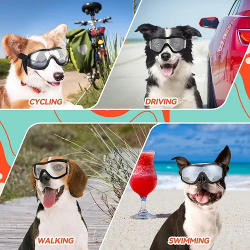 Vista 7 de PETLESO Gafas de sol para perros de razas grandes, juego de 2 piezas de protección UV negra y transparente, resistente al viento para perros