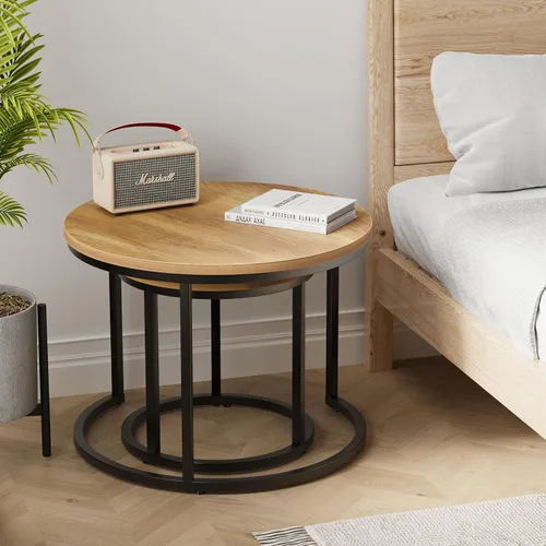 Vista 6 de Smuxee - Juego de 2 mesas de café anidadas, mesa redonda de café de 23.6" de madera marrón con pies antideslizantes ajustables, mesa auxiliar